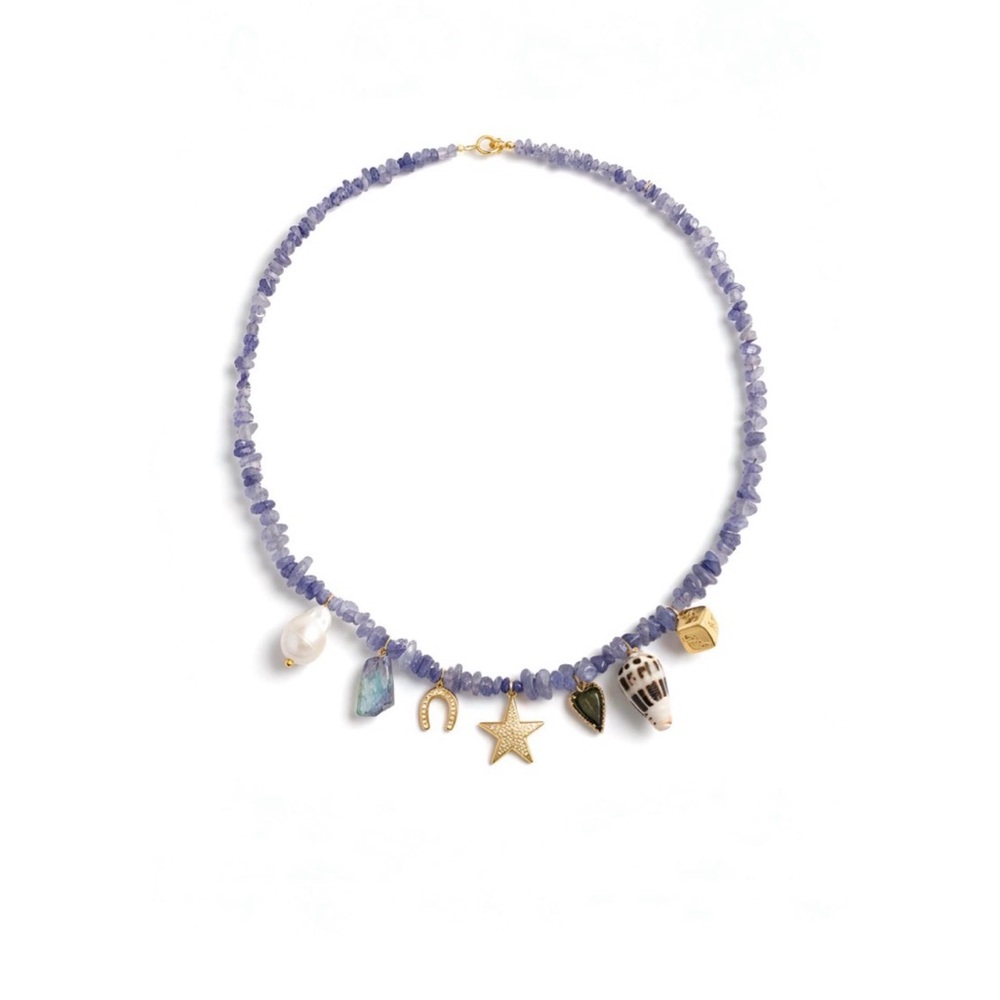 New! Tanzanite & Lapis Charm Necklace w/Pearl, Pave Star, Dice, Smoky Quartz